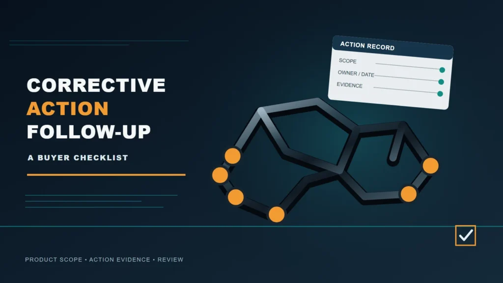 Corrective action follow-up buyer checklist with a generic motorcycle metal part and action record