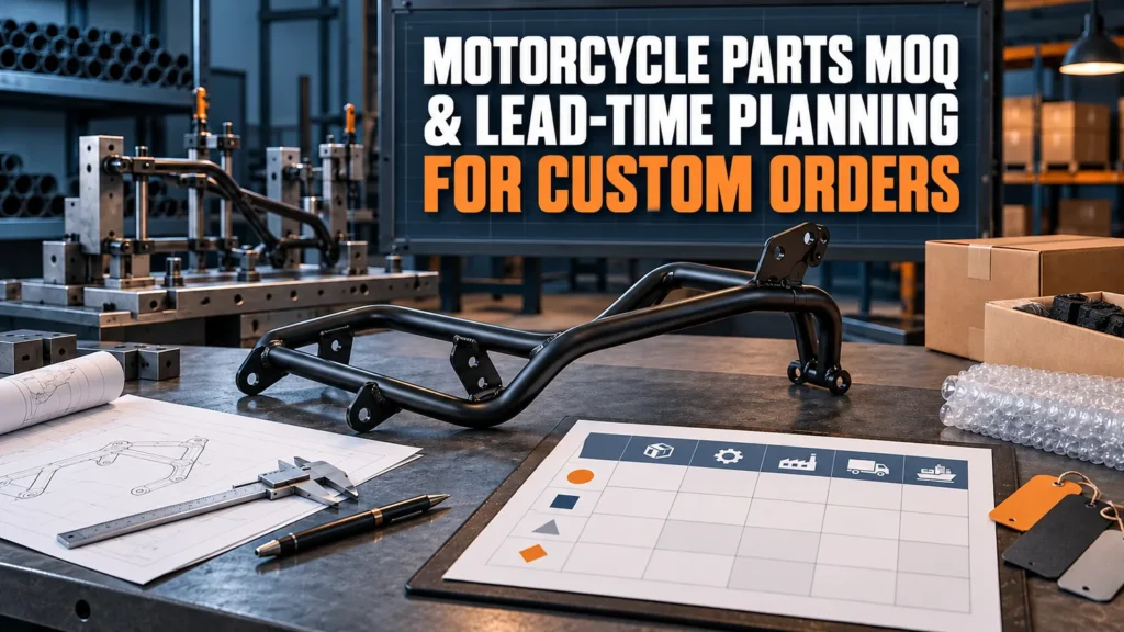 Motorcycle parts MOQ and lead-time planning board beside a tubular part