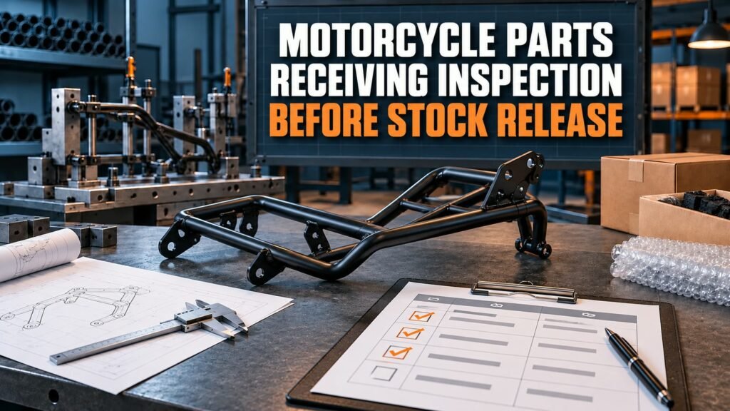Motorcycle parts receiving inspection with a tubular motorcycle rack, cartons and stock-release checklist board