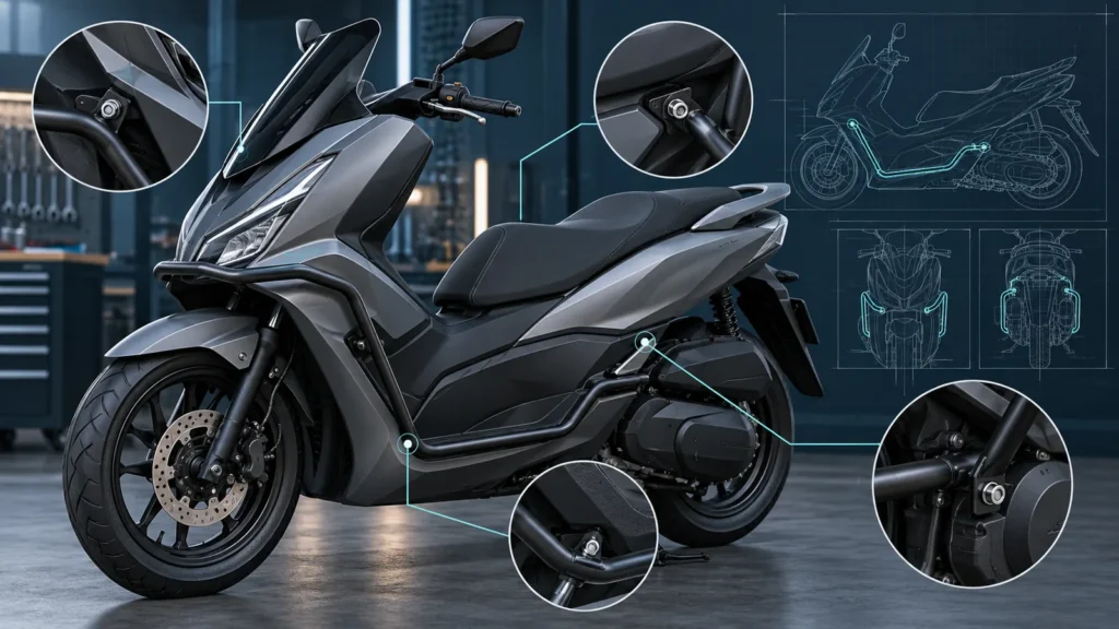 Illustrative scooter crash-bar mounting points and clearance zones