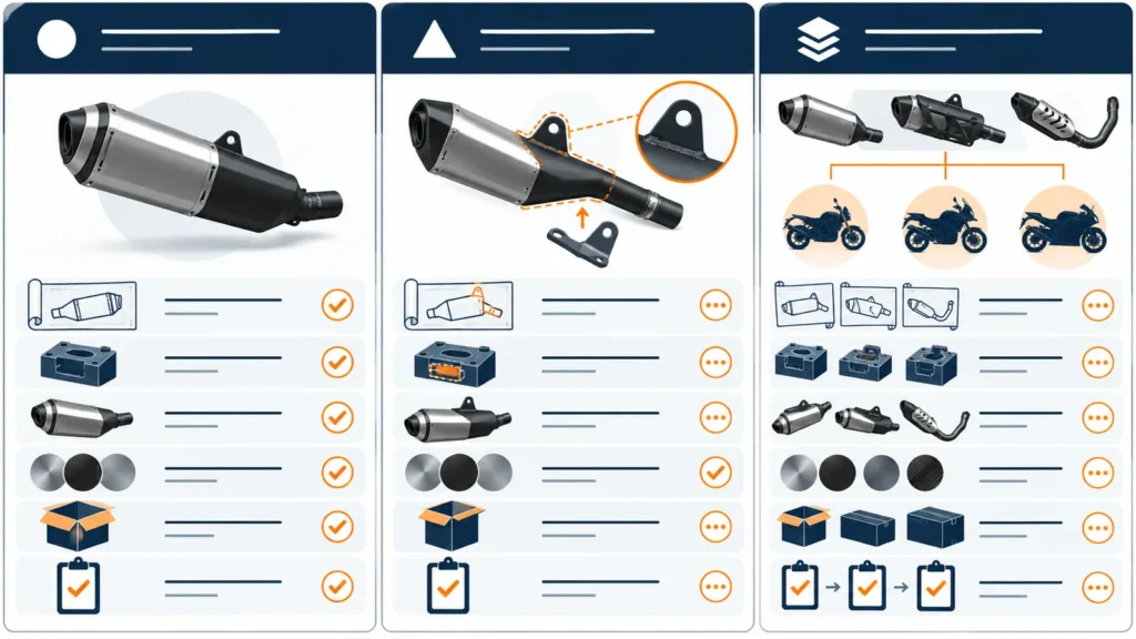 Illustrative comparison of standard modified and multi-model custom motorcycle-parts planning